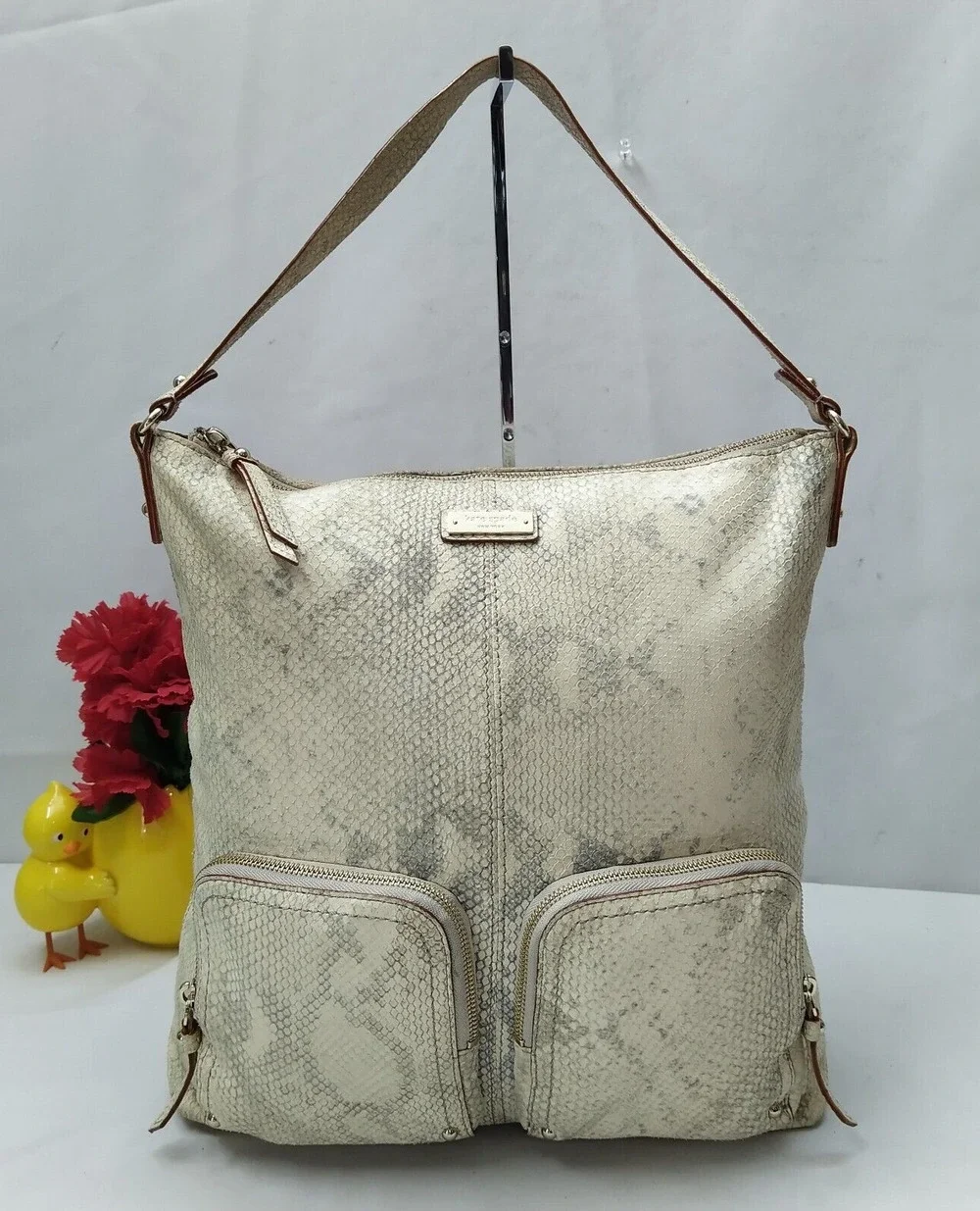Kate Spade New York Gray Leather SnakeSkin Embossed Zipper Hobo Shoulder Bag